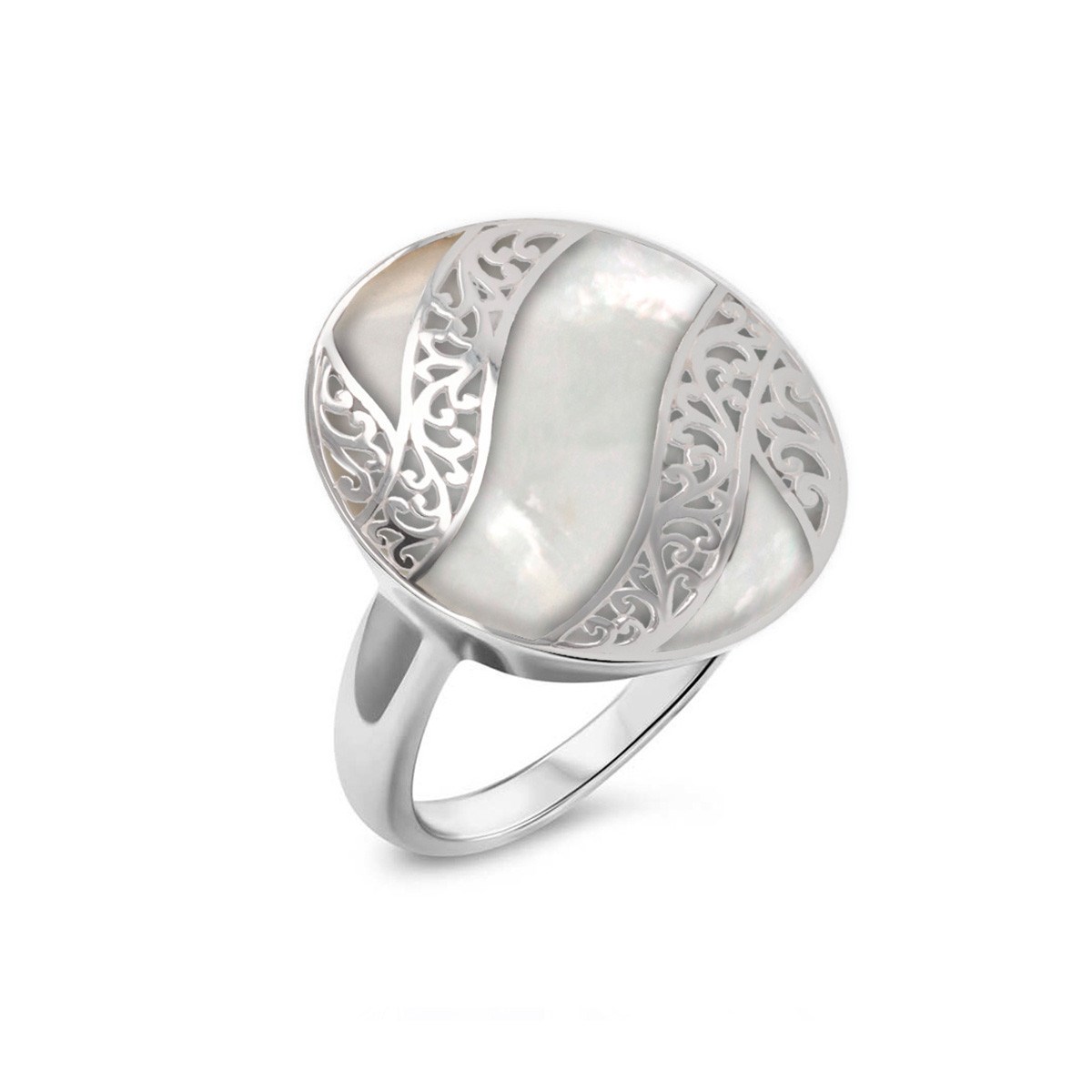 Bague en Nacre Blanche Naturelle et Argent 925 : Dentelles d'Argent pour un Look Élégant et Raffiné