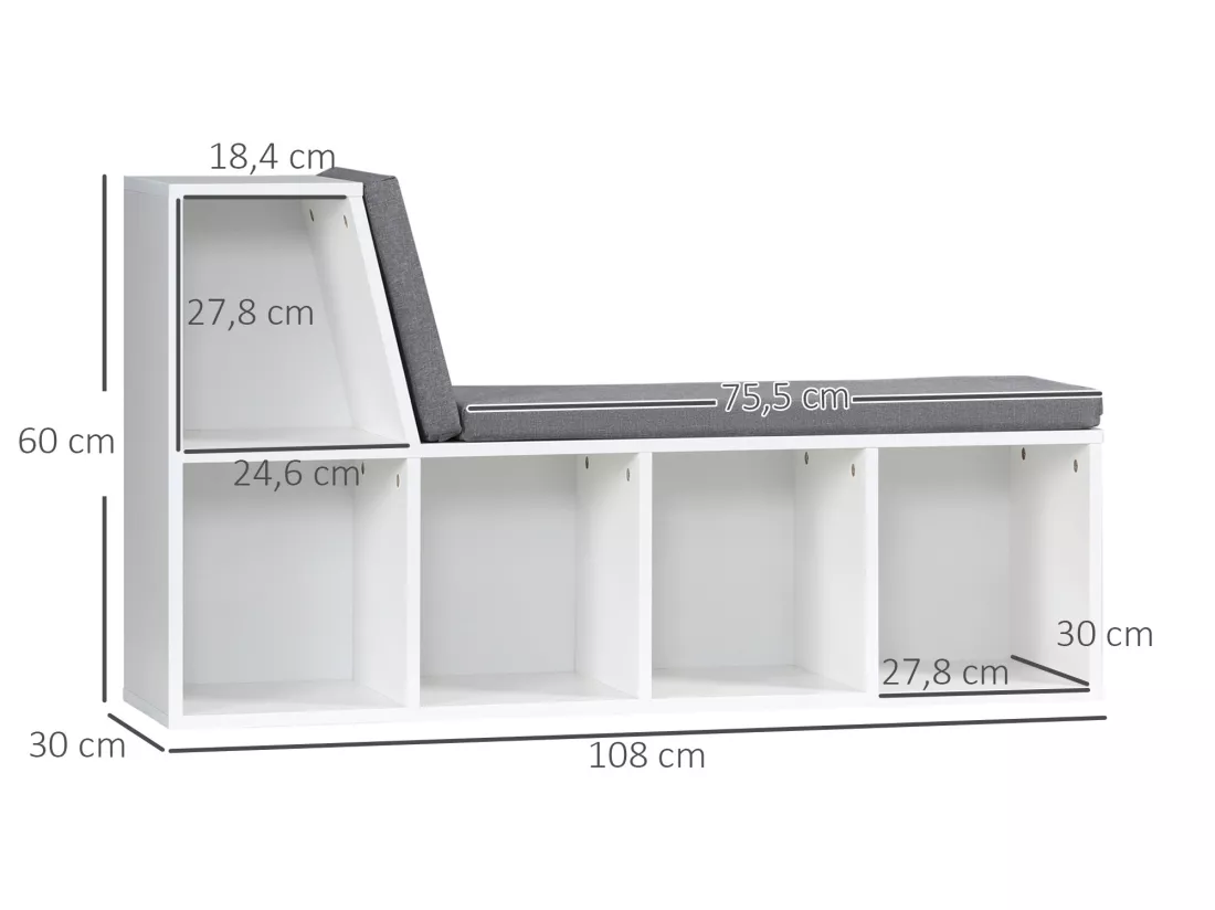 Bibliothèque banc 2 en 1 design contemporain 5 casiers 2 coussins fournis 108L x 30l x 60H cm blanc gris chiné