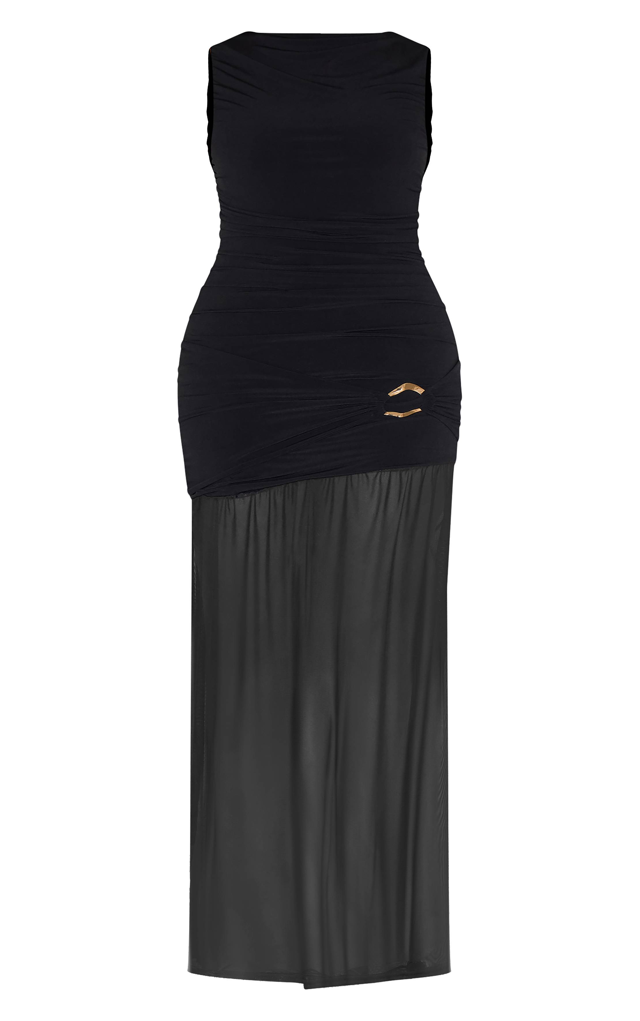 Noir Robe Maxi Shape À Encolure Bateau Froncée Avec Finitions Dorées Et Ourlet Asymétrique