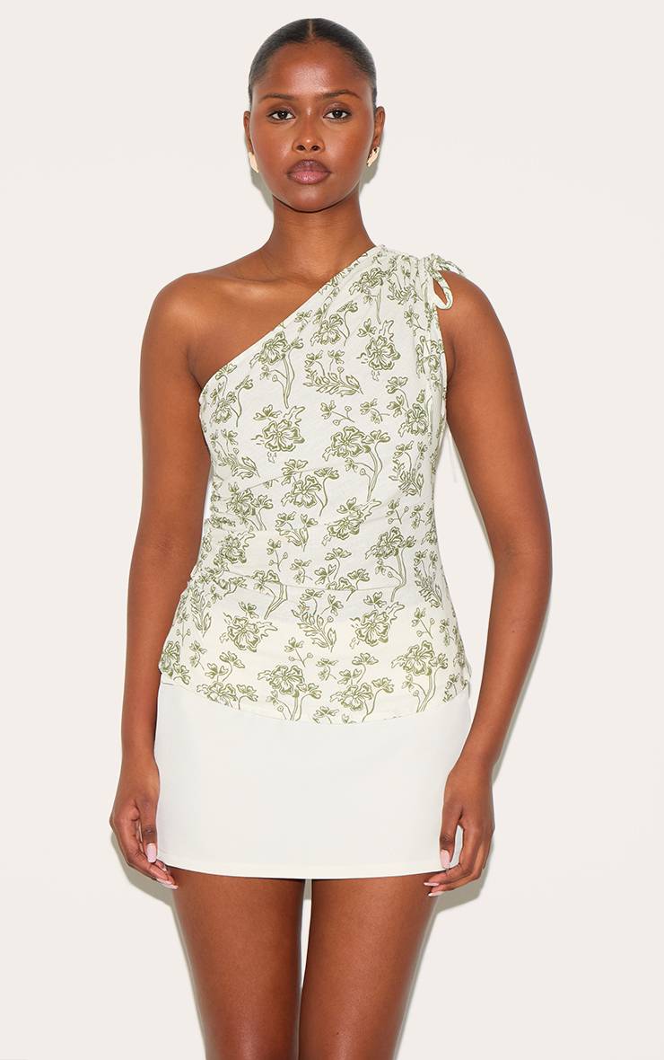 Vert Haut Long Asymétrique Froncé Imprimé En Tissu Léger