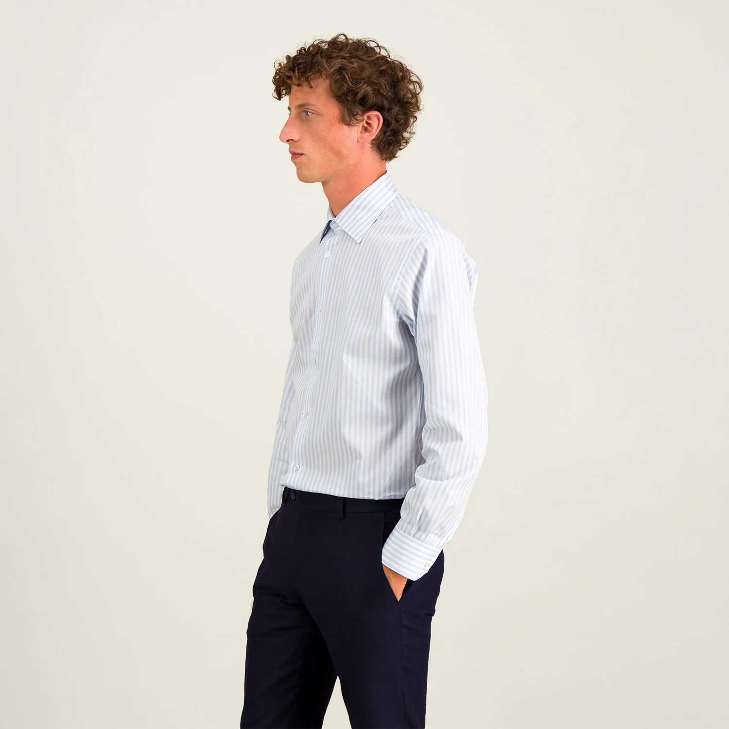 Double-twisted poplin shirt with sky blue and white stripes