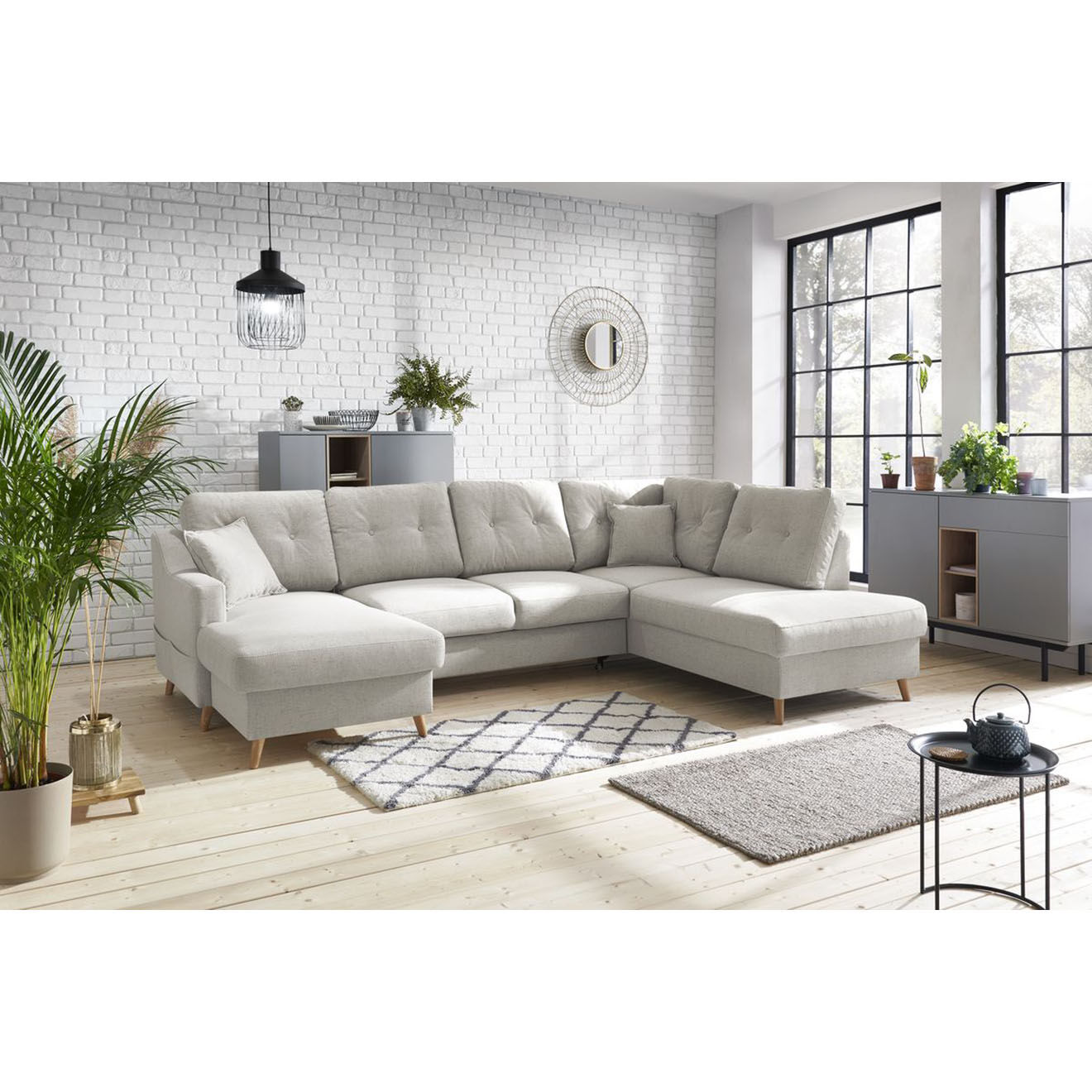 Bobochic Canapé d'angle panoramique convertible gauche Sweden lin beige - 300x149/90/198x95 cm
