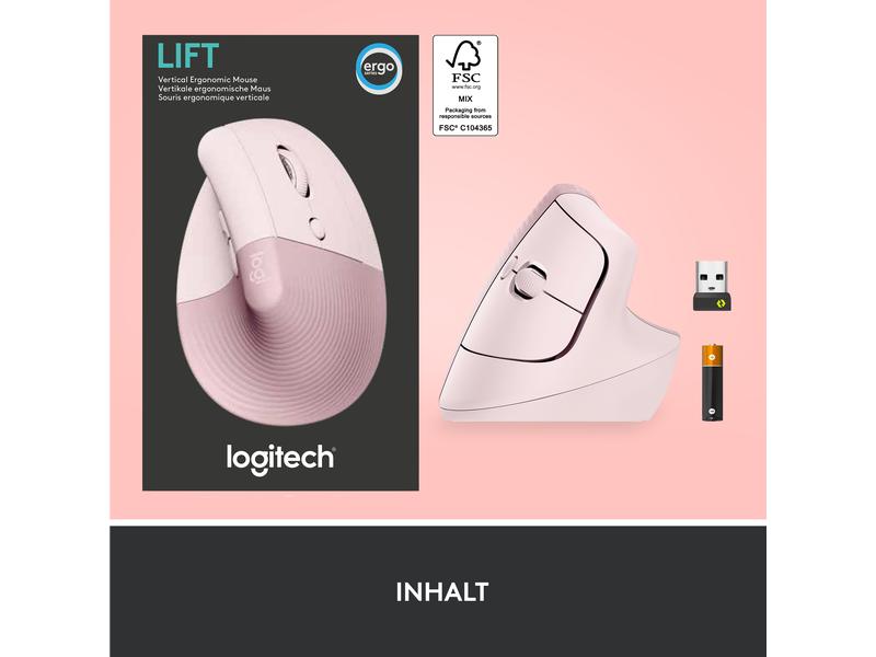 Logitech Ergonomische Maus Lift Rose Komfortable ergonomische Maus mit vertikalem Design für kleine bis mittelgrosse Hände