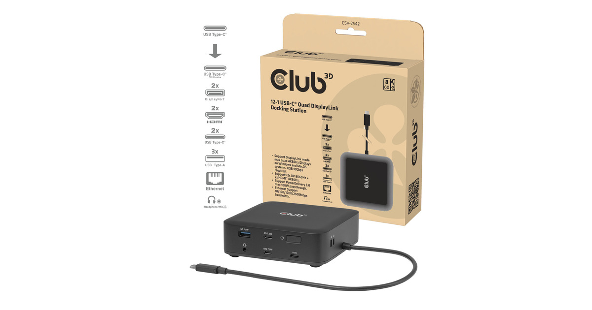 Club 3D12-1 USB-C® Quad DisplayLink Dockingstation  (Zwart)