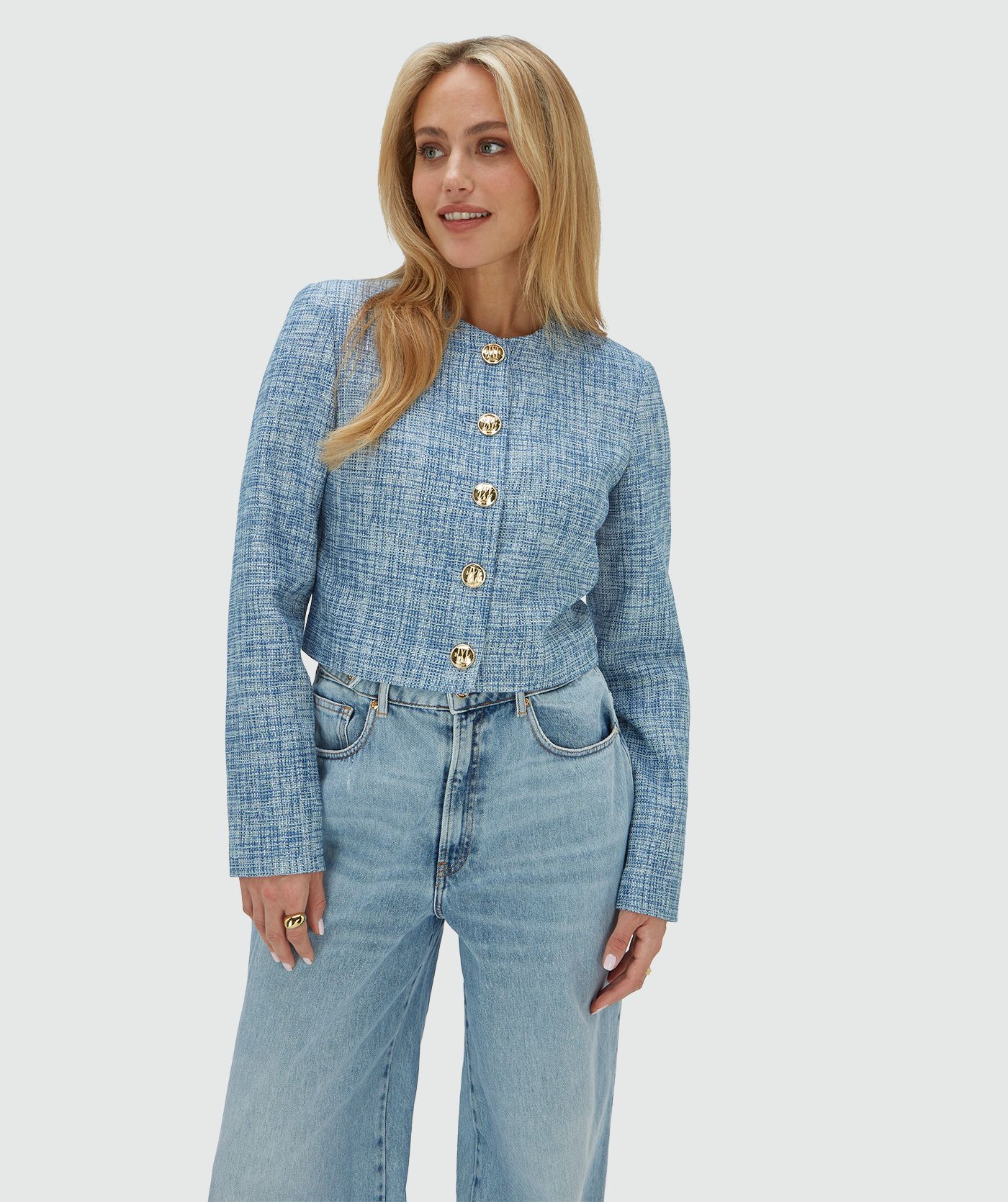 JV-REMI cropped blazer met lurex - blue bouclé