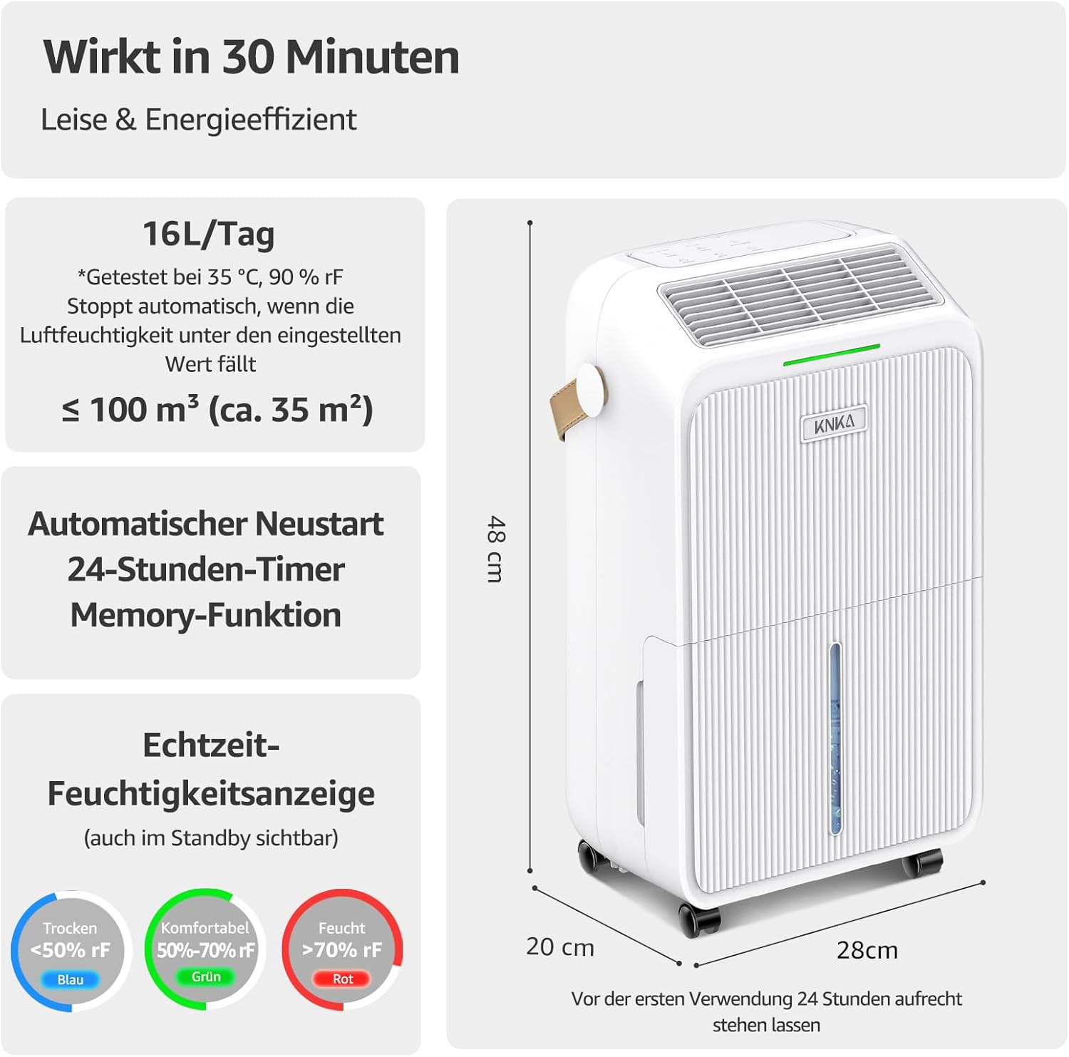 KNKA Luftentfeuchter, 16L/T, Energiesparender Entfeuchter, Leiser Raumentfeuchter, 3,3L Wassertank, Schlafmodus, LED-Feuchtigkeitsanzeige in Echtzeit, 100m³ (35m²), für Waschküche, Wohnung,Keller