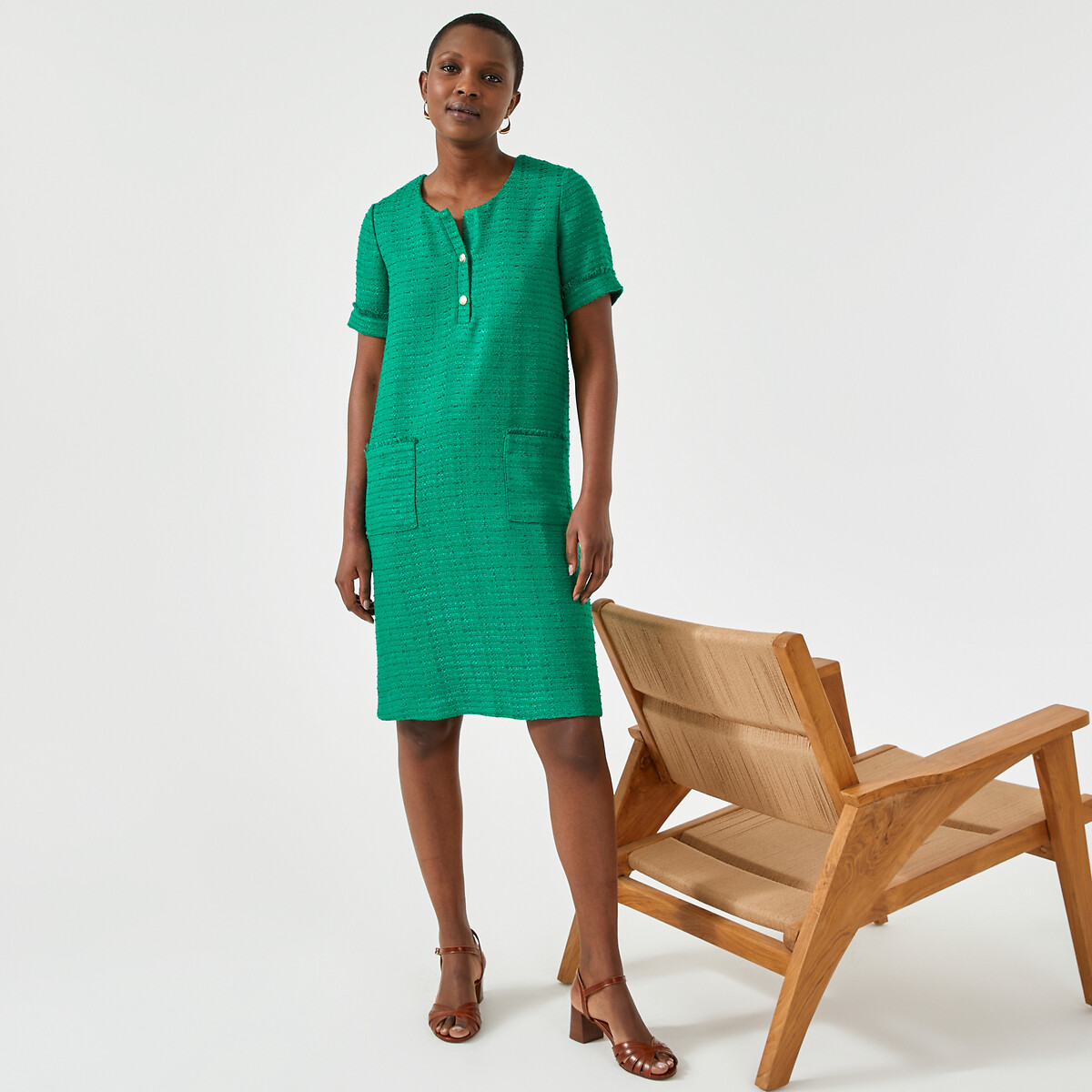 ANNE WEYBURN<br>Vestido reto de tweed, comprimento midi, mangas curtas