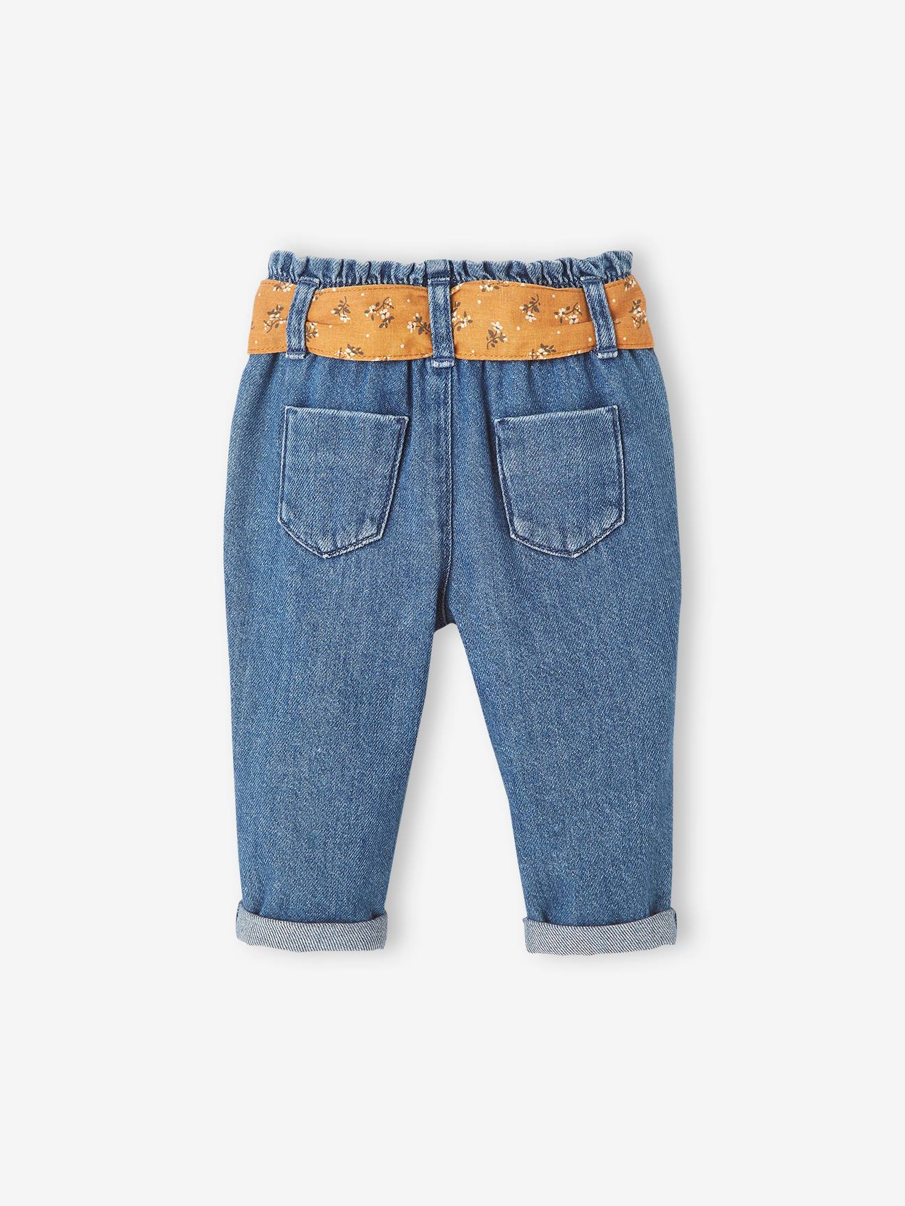 Calça jeans com cinto de tecido, para bebê, azul escuro liso