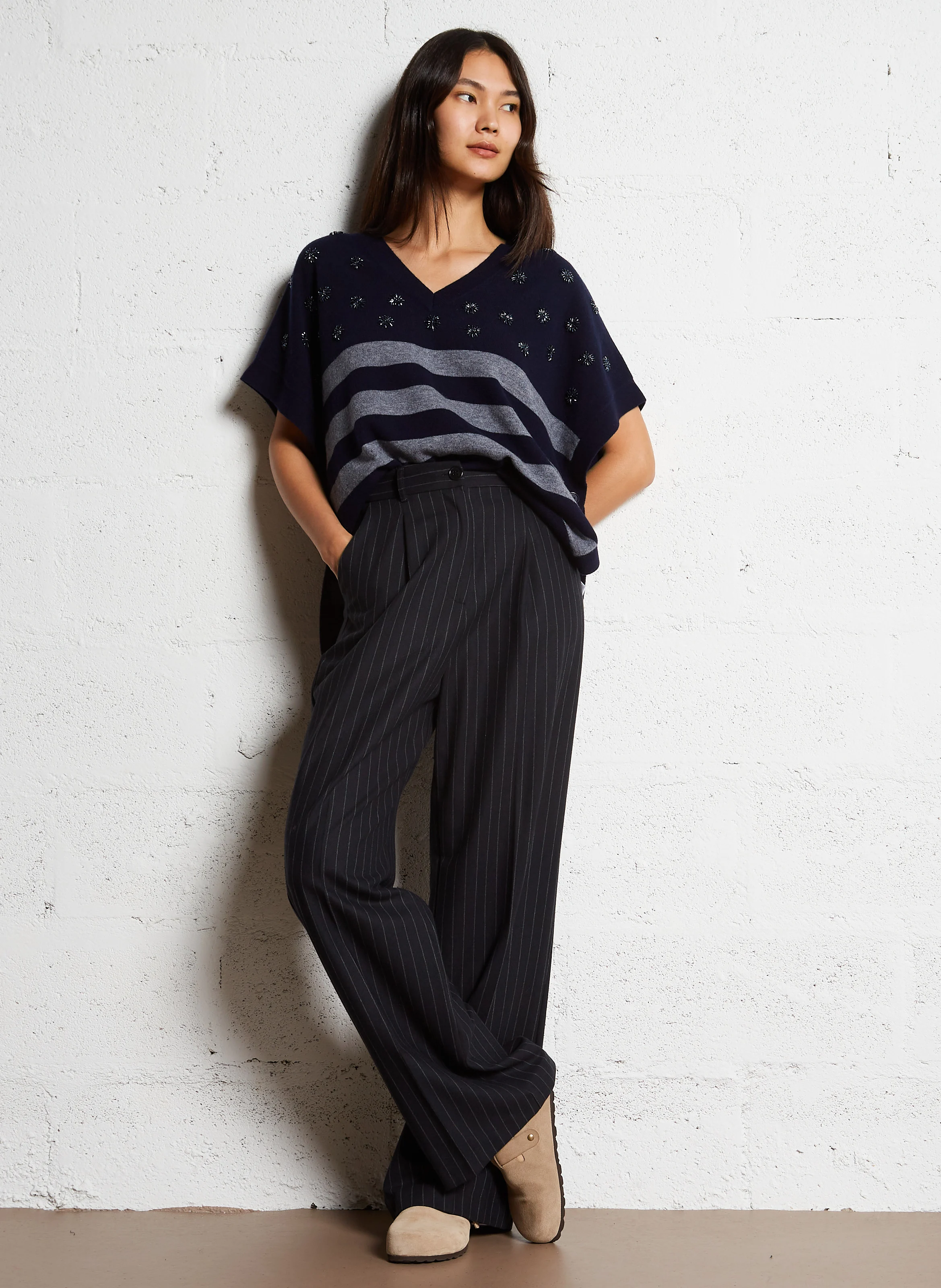 LILOU - Pull oversize col V en laine | Bleu
