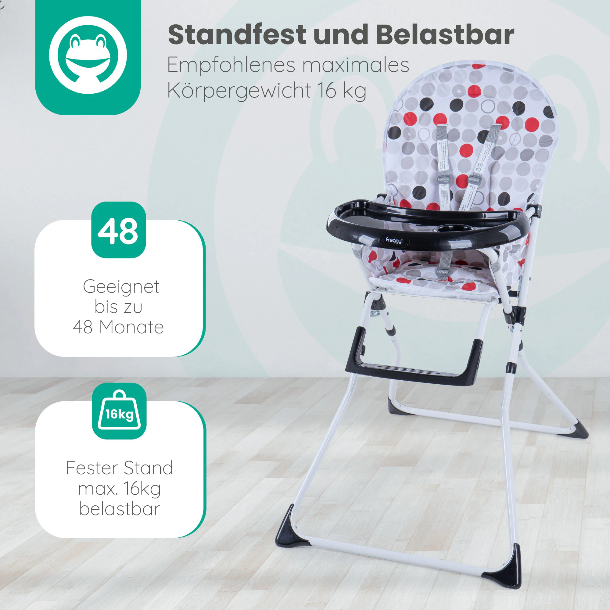 FROGGY Kinderhochstuhl klappbar Mika - kompakter Babystuhl, mit 5-Punkt Sicherheitsgurt, wasserdichte Sitzauflage, Tablett und Becherhalter, ab 6 Monate bis 15 kg | Schwarz