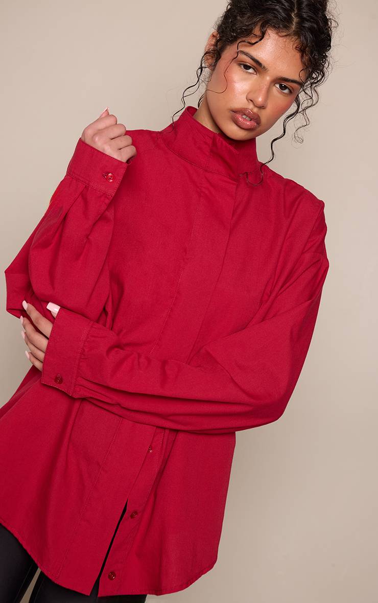 Rouge Chemise Tissée À Col Montant Avec Boutonnage Dissimulé