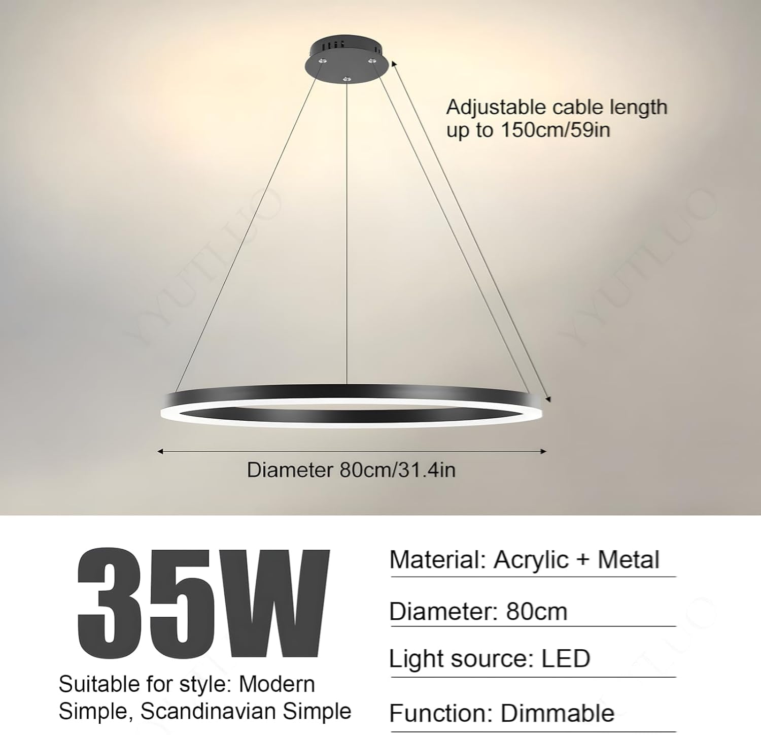 Moderner DIY-Kreis-LED-Kronleuchter | 1 Schwarz Ringe:80cm=35W | LED-Pendelleuchte aus Metall+Acryl | 2,4 G Dimmbare Fernbedienung | Runde Decken-Hängelampe Wohnzimmer Schlafzimmer