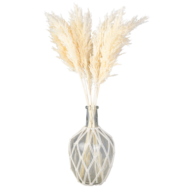Vase in Flaschenform - mit Makrameenetz - aus Glas und Textil - ca. 19 x 32 cm