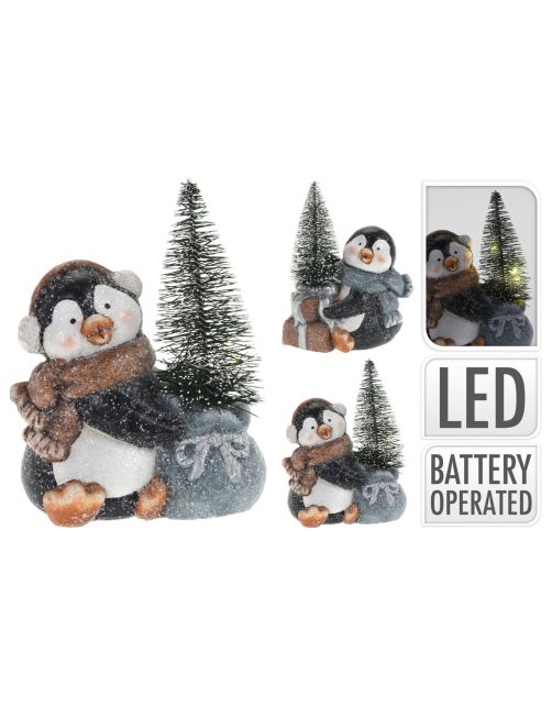 Homestyle Pinguin Met Boom En Led - Kerstversiering - 12.5x8x13.5 cm