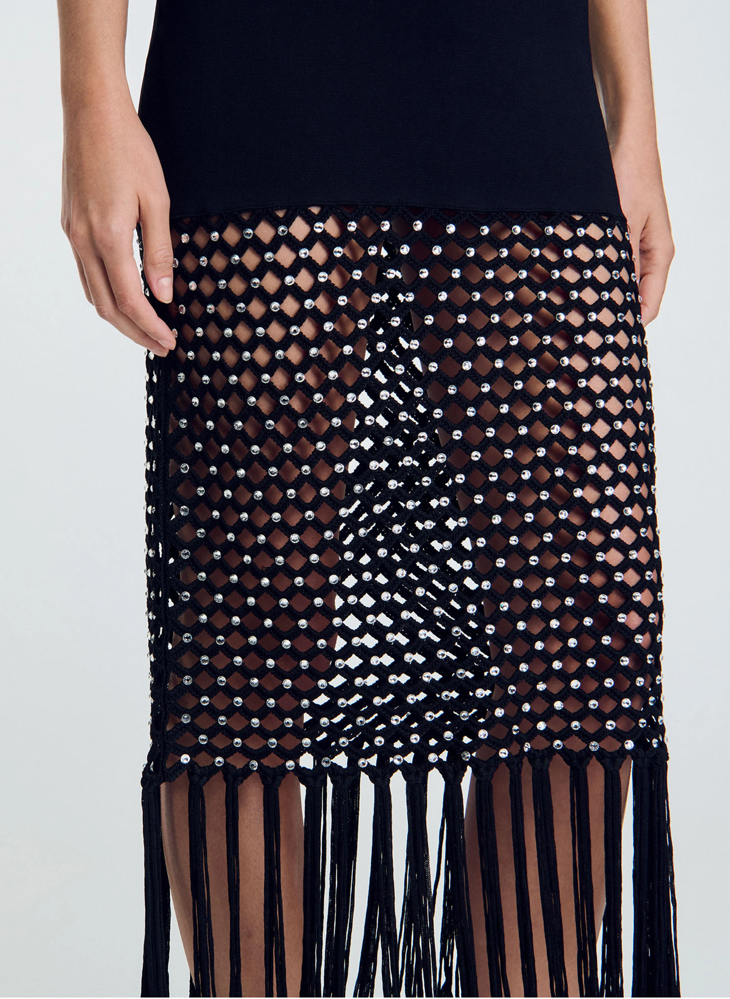Robe longues col rond à franges | Noir