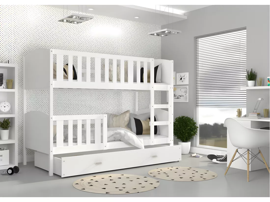 Lit Superposé Tami 90x190 (Sans Matelas) Blanc - blanc Livré avec le sommiers et tiroir.