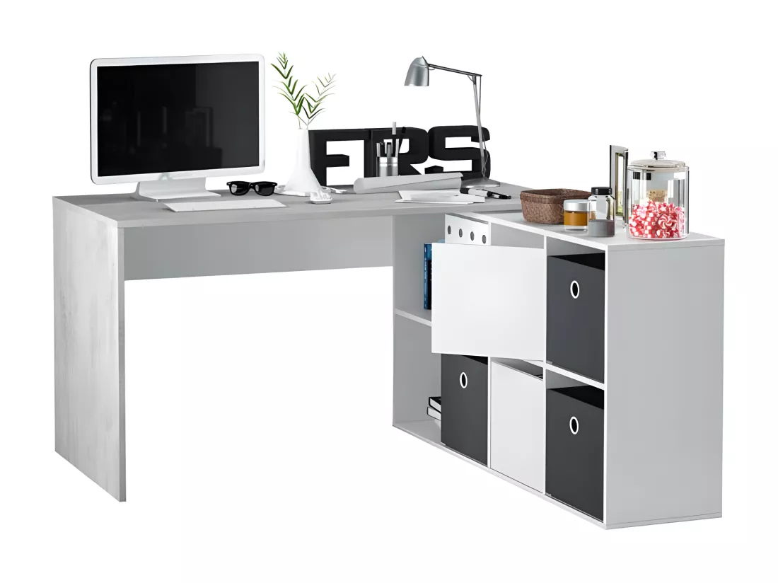 Bureau d'angles 2 portes + 4 niches Blanc/Béton - DAPATA PLUS - L 203 x l 66 x H 74 cm