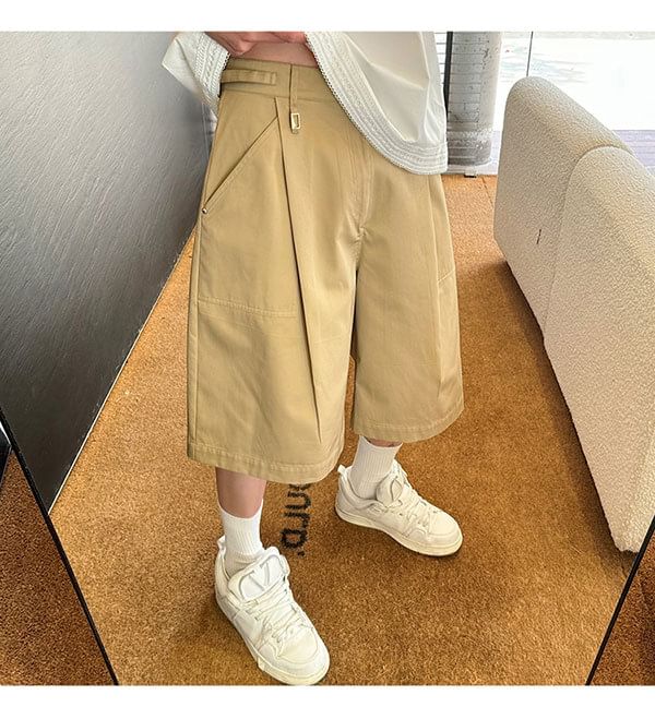 Omozando - Mid Rise Plain Capri Wide Leg Cargo Pants