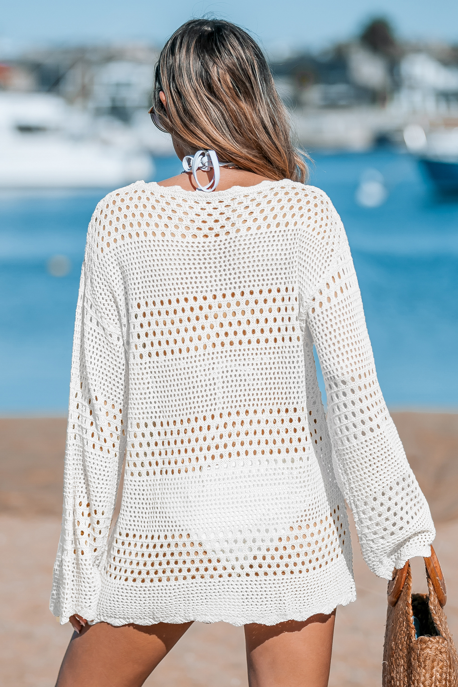 Robe cover up en crochet découpée à col festonné