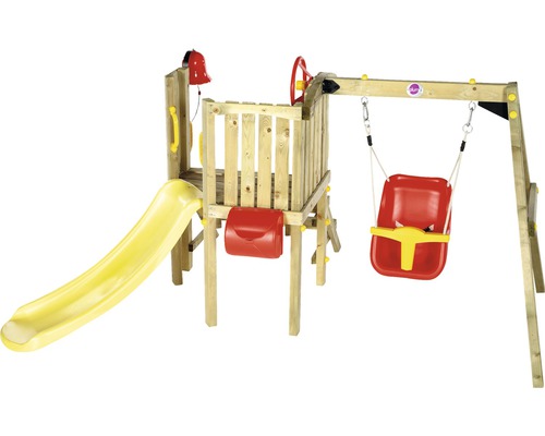 Speeltoren Plum voor peuters met babyschommel, brievenbus, stuur, bril en glijbaan, geel