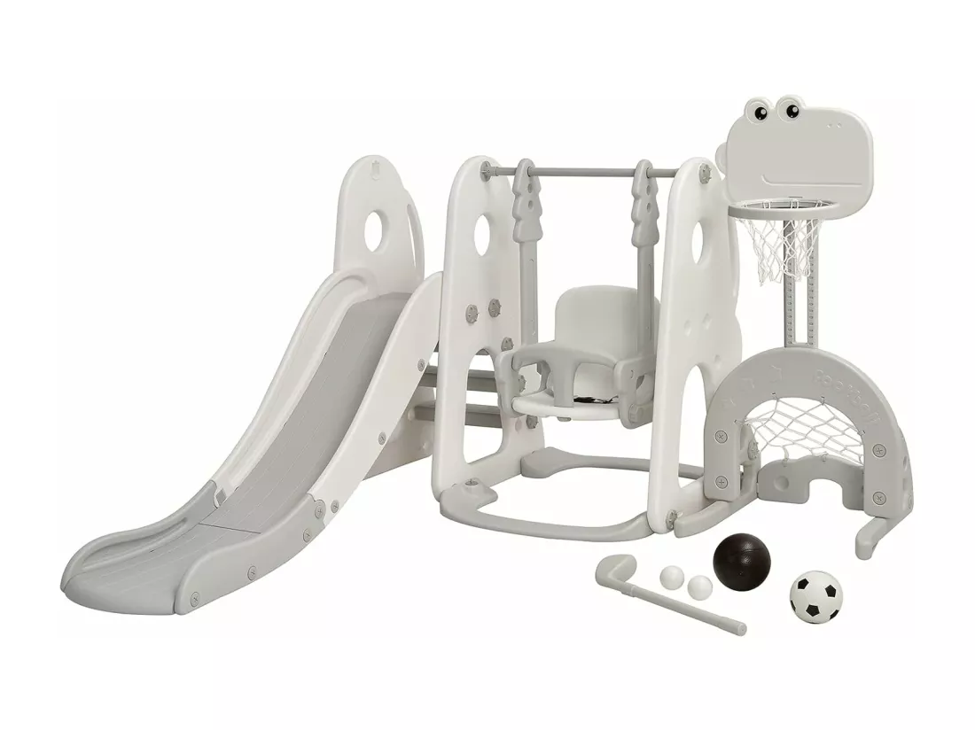 Ensemble Toboggan Balançoire 6 en 1 HDPE Basket-ball Football Escalade Golf pour Enfants 18 Mois+Gris+Blanc