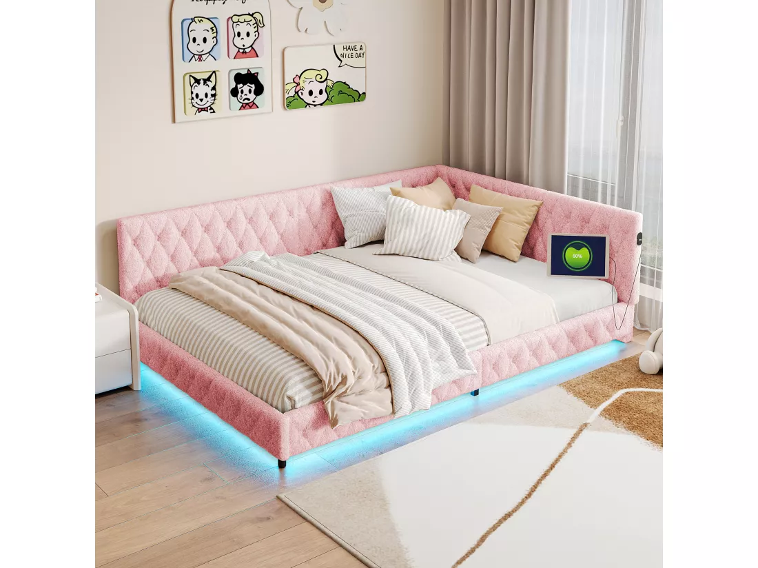 Lit gigogne 140x200 cm - Teddy velours, Canapé lit convertible avec éclairage LED et recharge USB, - ROSE