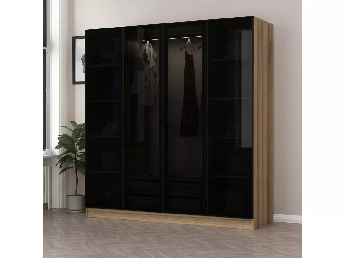 Armoire avec 4 portes en verre fumé, noyer doré-noir 180 x 210 cm
