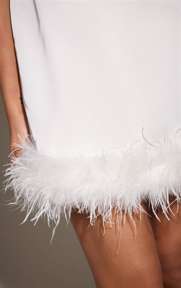 Blanc Robe Droite Tissée À Ourlet Plumes