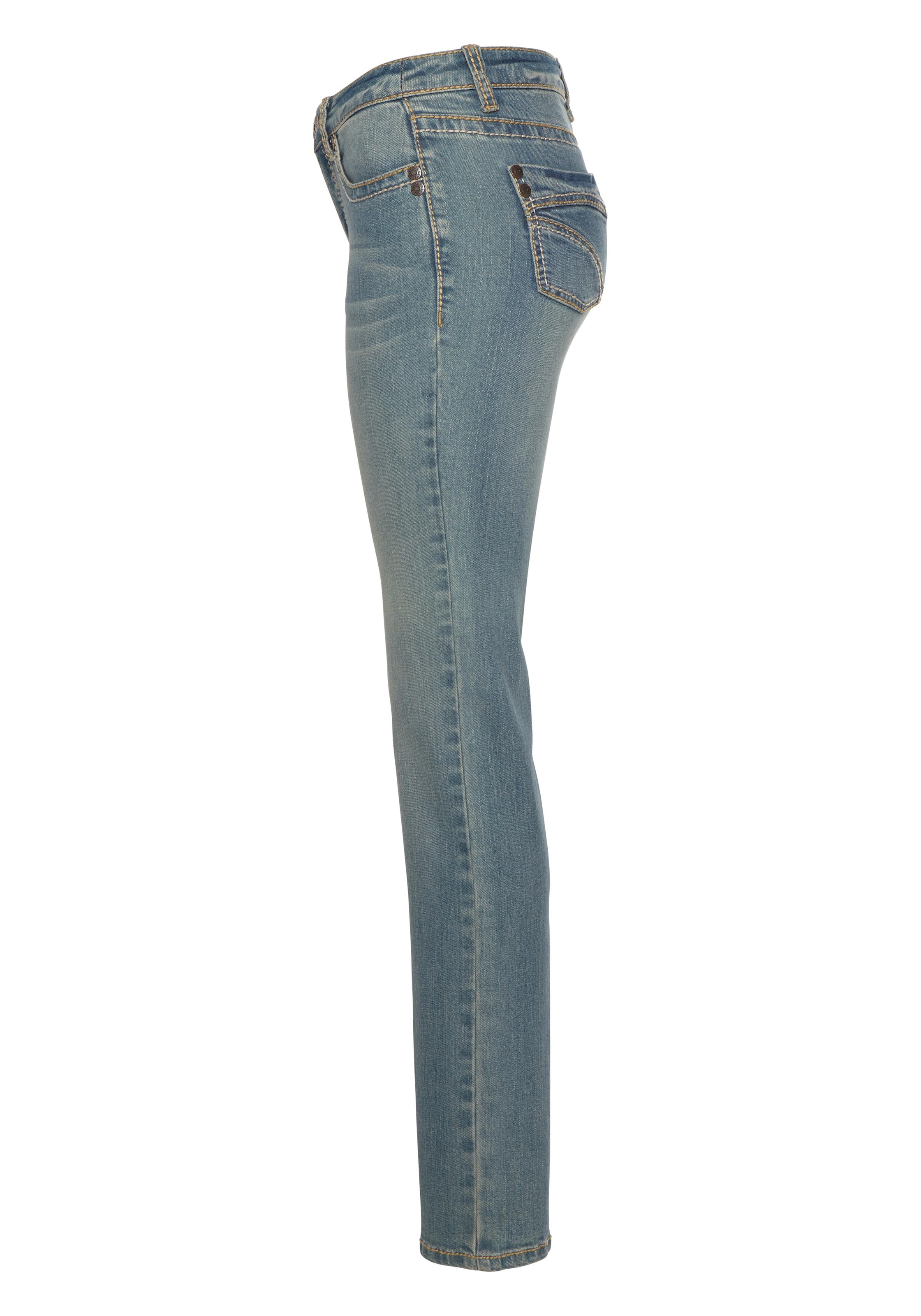 Arizona Gerade Jeans »Kontrastnähte«, niedrige Leibhöhe,  in 5-Pocket-Form,  Used-Look-Waschung