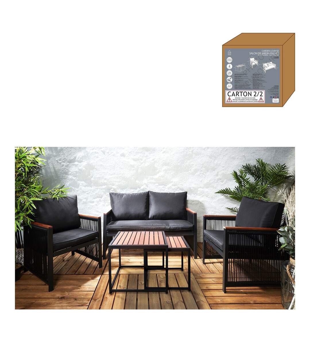 Salon de jardin Phuket 4 places en bois d'eucalyptus - Marron noir