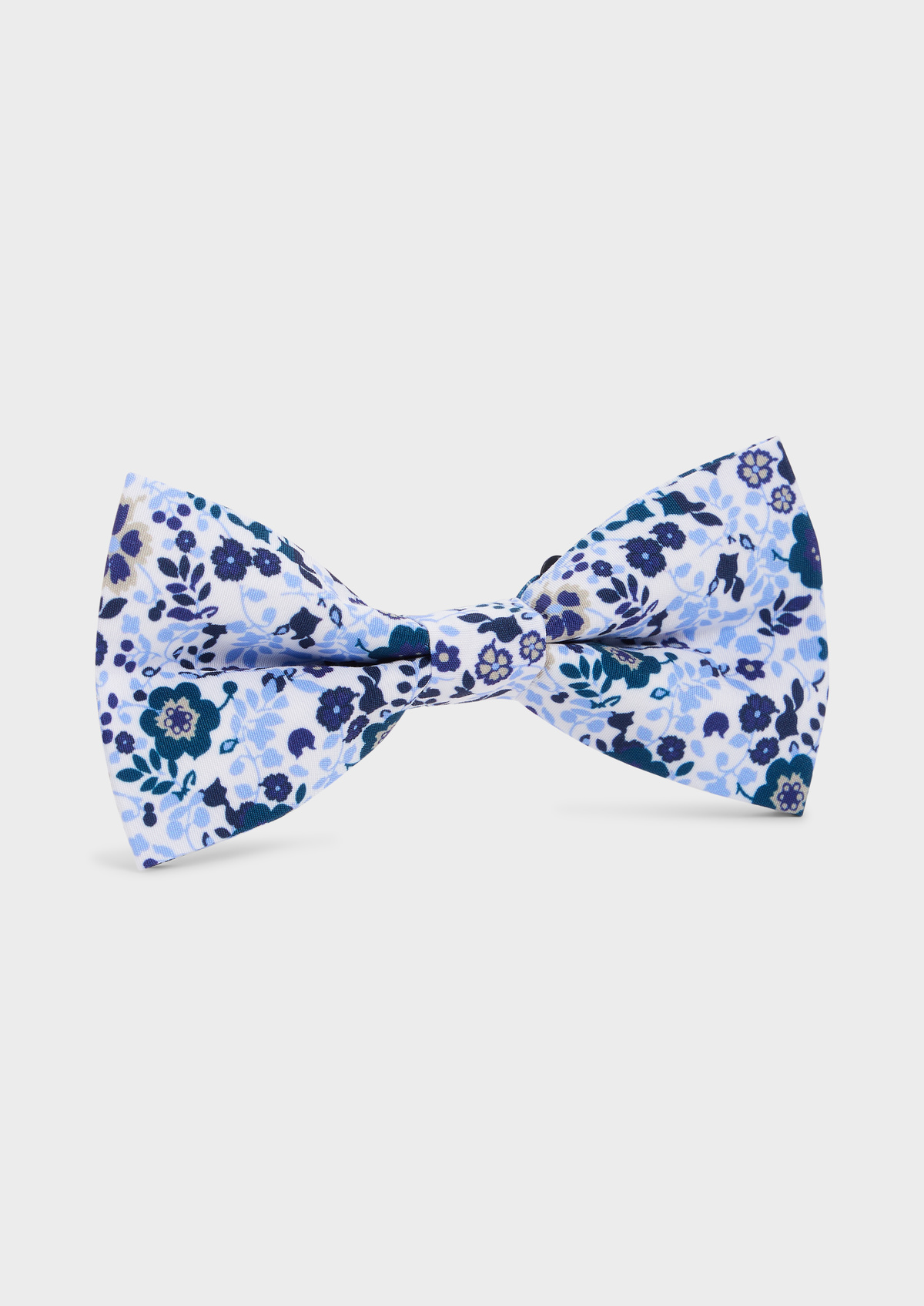Noeud papillon blanc à motif fleuri bleu prusse, bleu ciel et beige