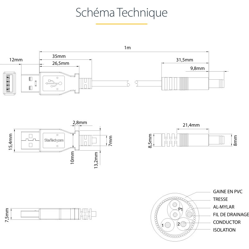 StarTech.com Câble d'alimentation USB vers connecteur annulaire de type N 5 V CC de 1 m - USB A vers V CC de 5,5 mm