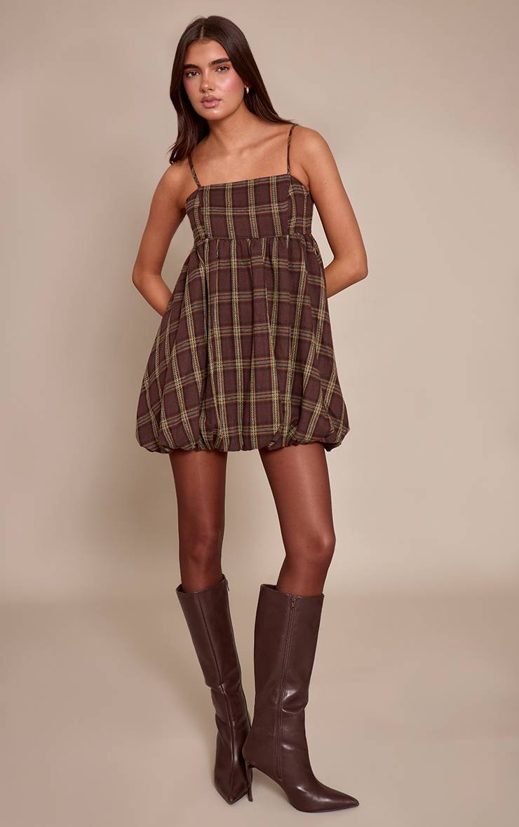Marron Robe Bouffante À Bretelles À Carreaux