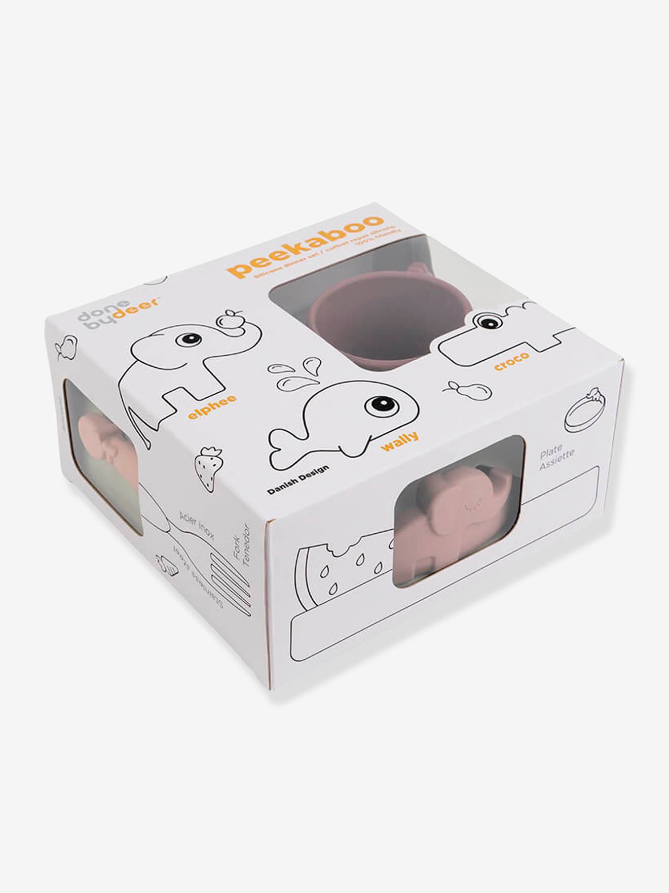 FEITO POR UM VEADO Estojo para alimentos Peekaboo Deer Friends com 3 itens, feito de silicone rosa claro liso com motivos.