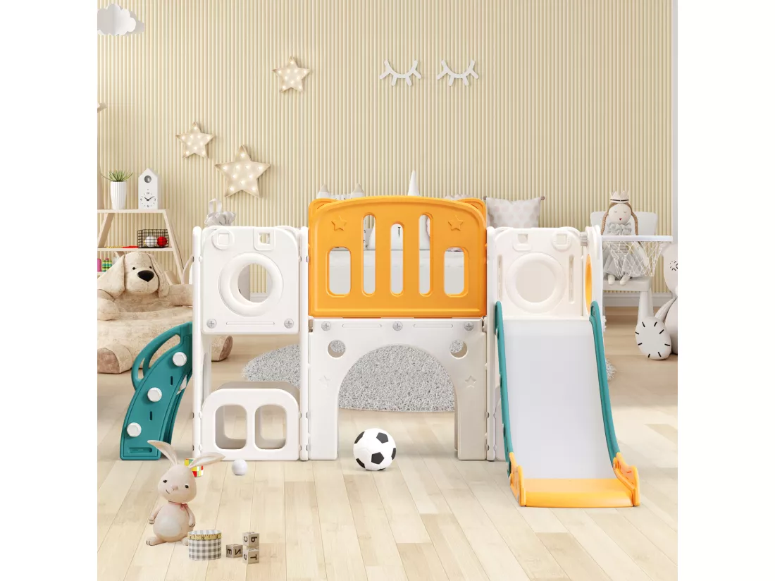 Toboggan 6 en 1 en PEHD pour enfant, avec plate-forme, escalier, 2 zondes de rangement, arcade, panier de basket, vert