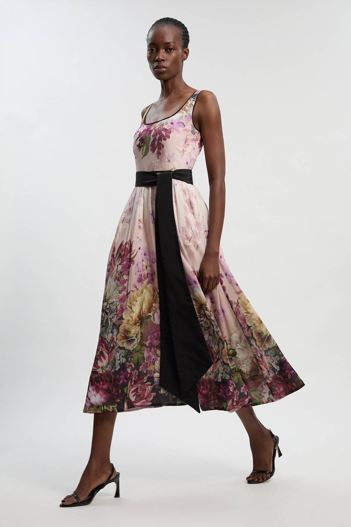 KarenMillen Robe Longue Tissée à Bretelles en Soie-Coton à Motif Floral