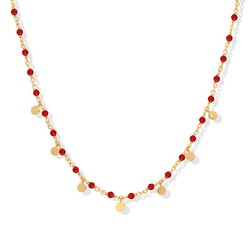 Collier Argent Doré Petites Perles Pampilles Et Pierre Onyx Rouge