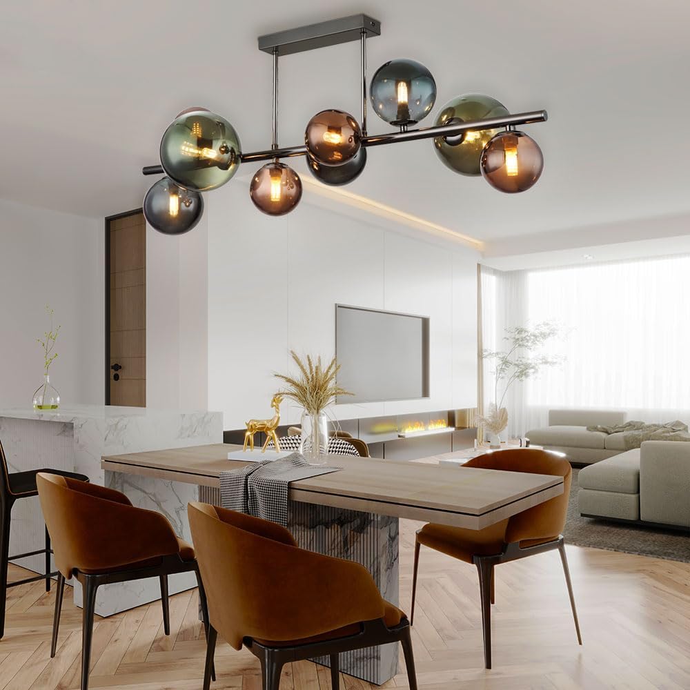LED Deckenleuchte 9 Flammig Deckenlampe Glaskugeln Esszimmerleuchte Kugeln, bronze petrol grün, 9x 3,5W 350Lm warmweiß, LxBxH 87x30x38 cm