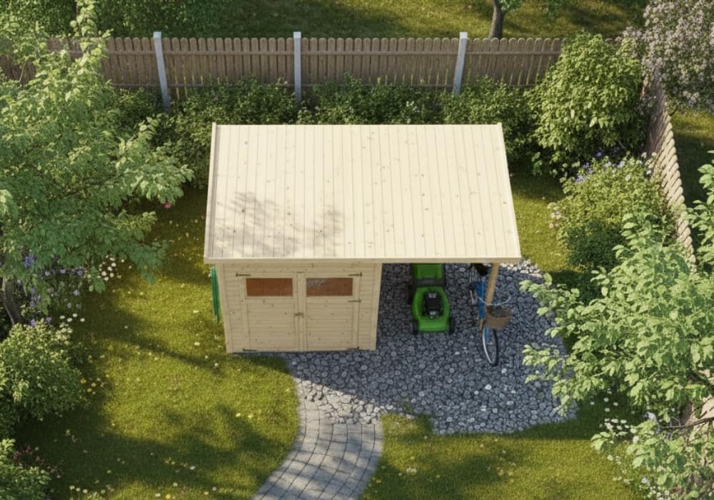 Alpholz Gerätehaus Mollie Plus 335x199 cm Fichtenholz 14 mm Wandstärke Pultdach mit Anbau und Schleppdach inkl. Montagematerial