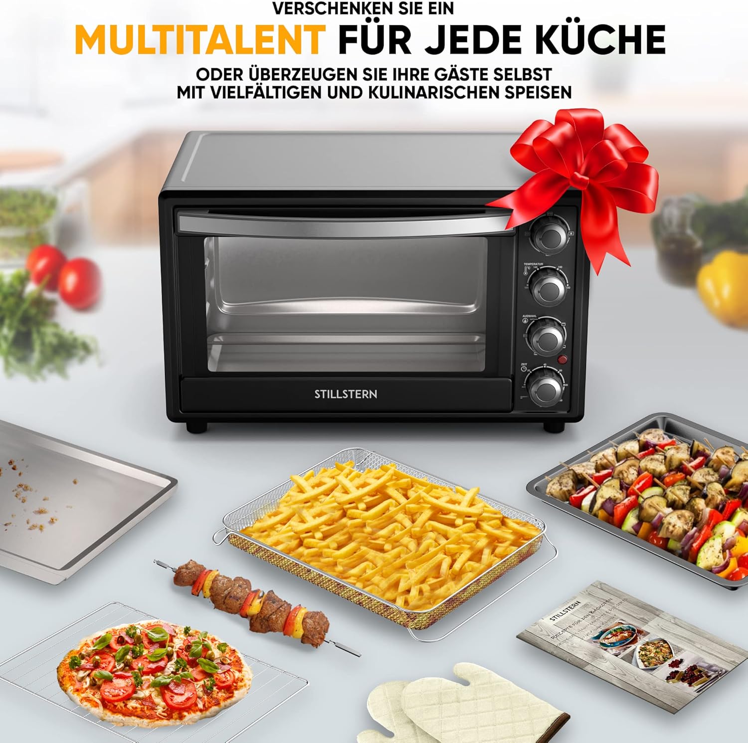 Stillstern Minibackofen mit Umluft 35L (DE Version) Pizza Ø28, CYCLONE PRO+ Antihaftbeschichtung, Auftauen, 2h Timer, Camping Mini Backofen Umluft Pizzaofen Mini Ofen klein Hähnchengrill mit Drehspieß
