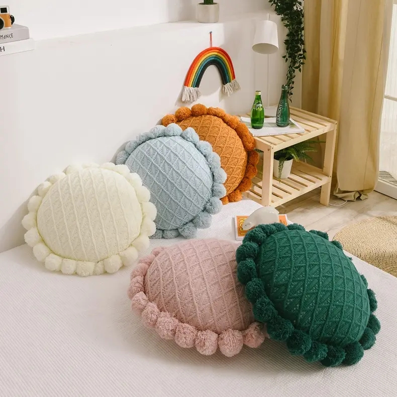 (Ø50cm) Boden Strick Kissen Weiche Boho Home Deko Sitzpolster mit Pompon's - Rosa
