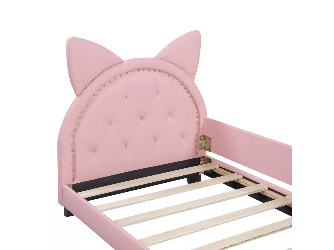 Lit bébé 90 x 200 cm avec tête de lit en forme d'oreilles - similicuir - sommier à lattes - rose