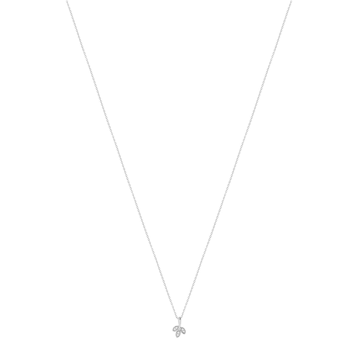 Collier or blanc 375, diamants, motif feuille. Longueur 42 cm.