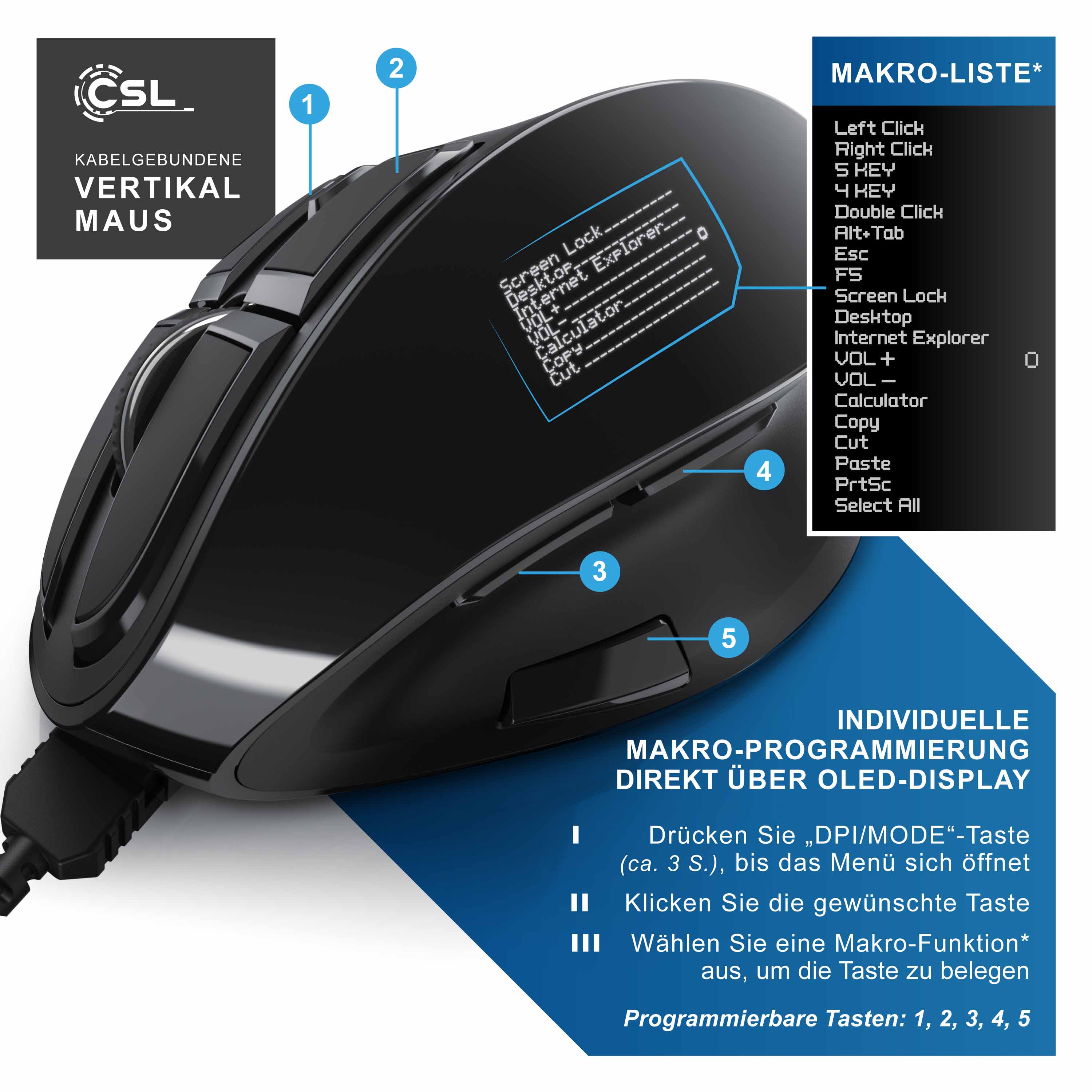 CSL ergonomische Maus kabelgebunden, 125 dpi, Vertikal Maus mit OLED-Display Konfigurierbare Tasten
