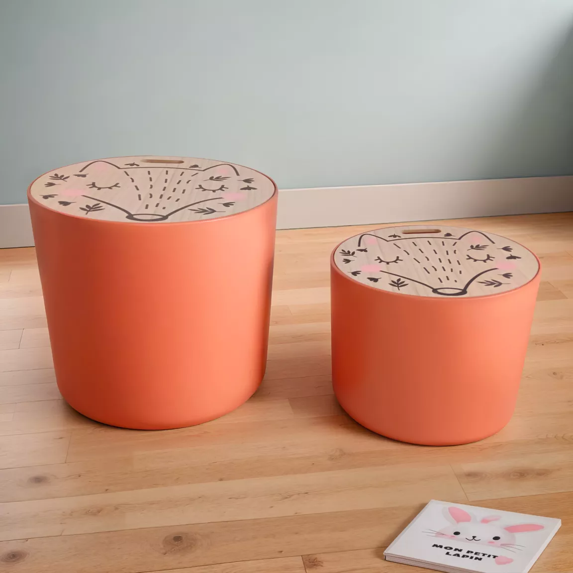 Lots de 2 poufs de rangement gigognes enfant bois (H31 et 24 cm) Renardeau Terracotta