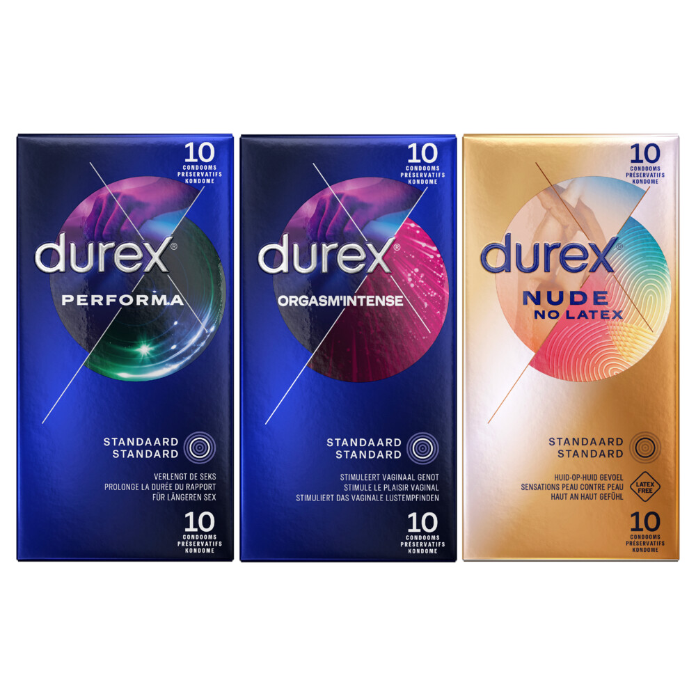 Durex Orgasm Intense Condooms 10 stuks, Performa Condooms 10 stuks & Nude No Latex Condooms 1 stuks Pakket
