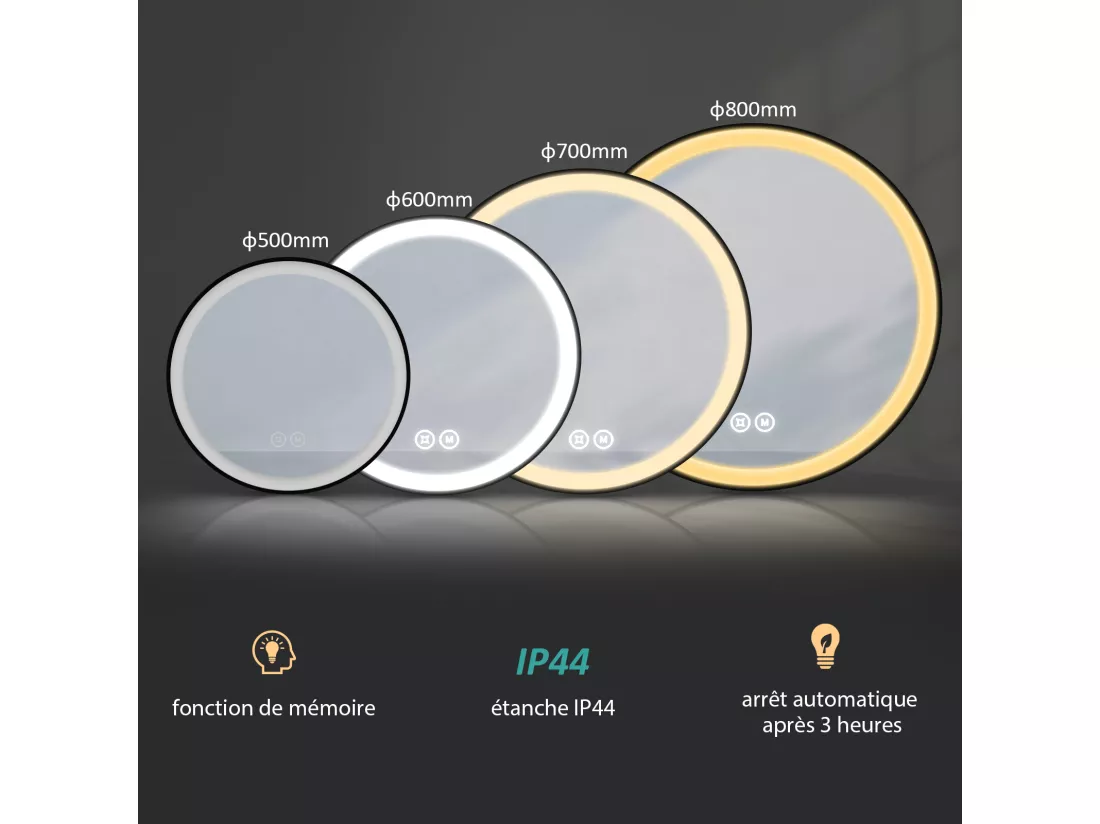 EMKE Miroir lumineux salle de bain rond diamètre 50cm cadre noir, Sangle réglable, Miroir LED avec Interrupteur Tactile, Lumière Froide/Chaude/Neutre