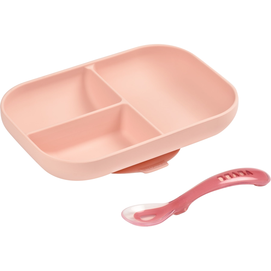 BEABA® Geteilter Silikonteller + Löffel 2. Altersstufe rosa