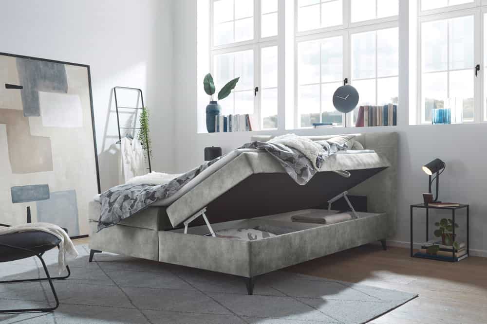 Design Boxbett DECADENCIA 180x200cm silbergrau Samt mit Stauraum Matratze Topper