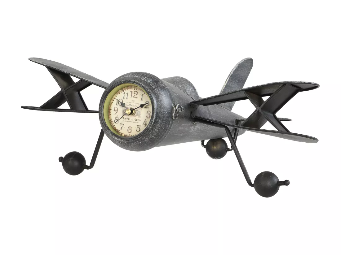 Horloge avion vintage à poser - Métal - L. 44.5 x P. 39.5 x H. 20 cm - Anthracite - KYOTO